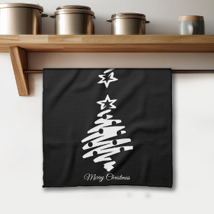 Merry Christmas Tree Silhouette Black Holiday Tea Towel