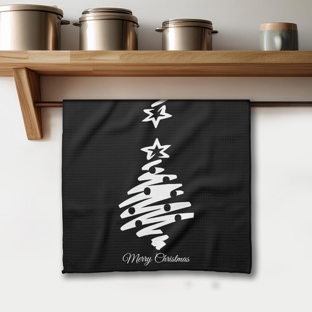 Merry Christmas Tree Silhouette Black Holiday Tea Towel (Merry Christmas Tree Silhouette Black Holiday Kitchen Towel)