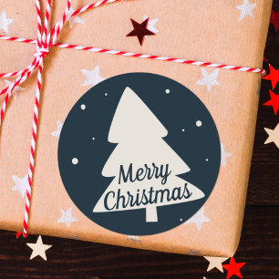Merry Christmas tree silhouette classic blue Round Sticker