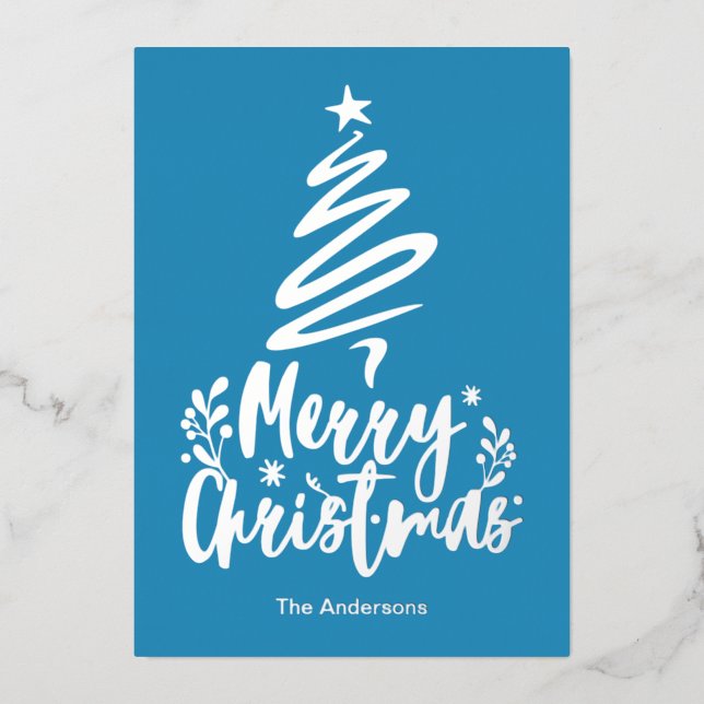 Merry Christmas Tree Silver Foil Christmas Card (Front)