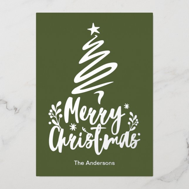 Merry Christmas Tree Silver Foil Christmas Card (Front)