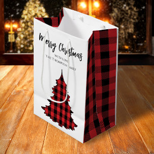 Merry Christmas Tree Simple Buffalo Check Pattern Medium Gift Bag