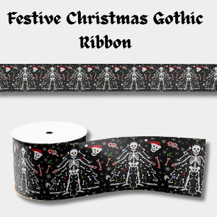 Merry Christmas Tree Skeleton Pattern Grosgrain Ribbon