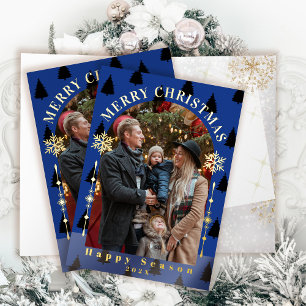 Merry Christmas Tree Snow Flakes Marine Blue Photo Foil Greeting Card