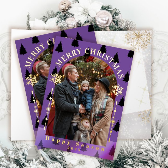 Merry Christmas Tree Snow Flakes Purple Photo Foil Greeting Card (Merry Christmas Tree Snow Flakes Purple Photo Foil Greeting Card)