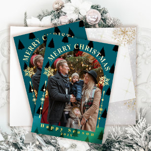 Merry Christmas Tree Snow Flakes Teal Photo Foil Greeting Card