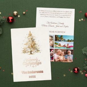 Merry Christmas tree snow photo year in review Foil Holiday Card