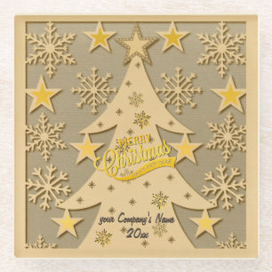 Merry Christmas Tree, Snowflake & Star Silhouettes Glass Coaster