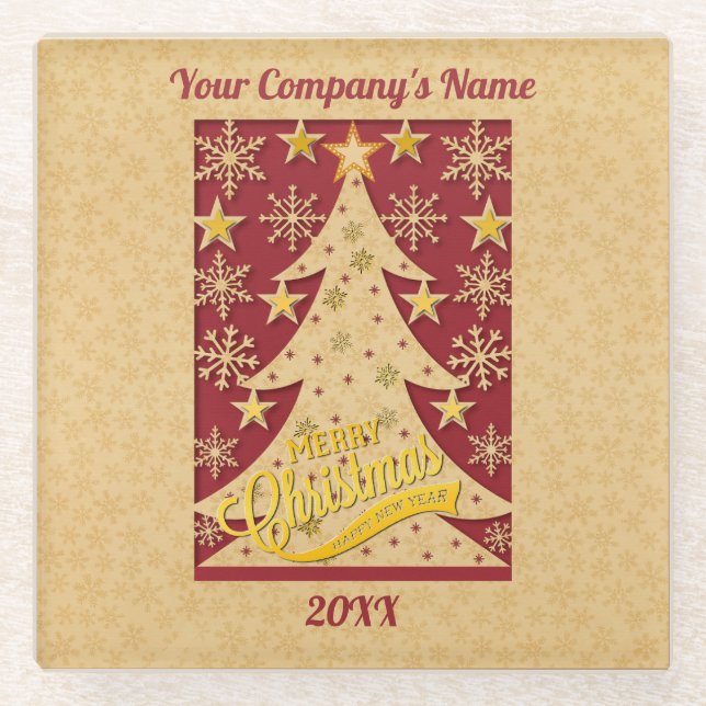 Merry Christmas Tree, Snowflake & Star Silhouettes Glass Coaster (Front)