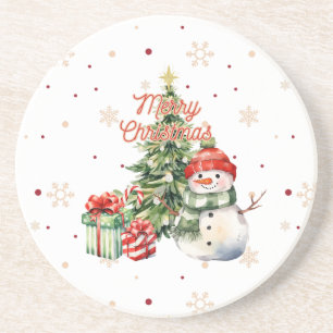 Merry Christmas Tree Snowman and Presents Coaster
