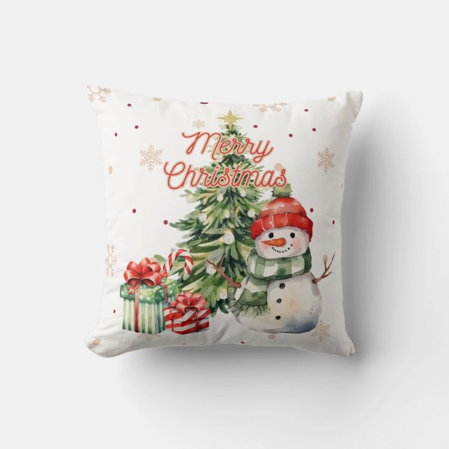 Merry Christmas Tree Snowman and Presents Cushion (Front)
