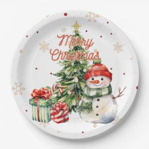 Merry Christmas Tree Snowman and Presents Paper Plate