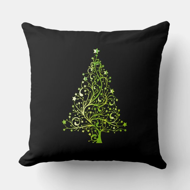 Merry Christmas Tree Stars Black and Green Elegant Cushion (Front)