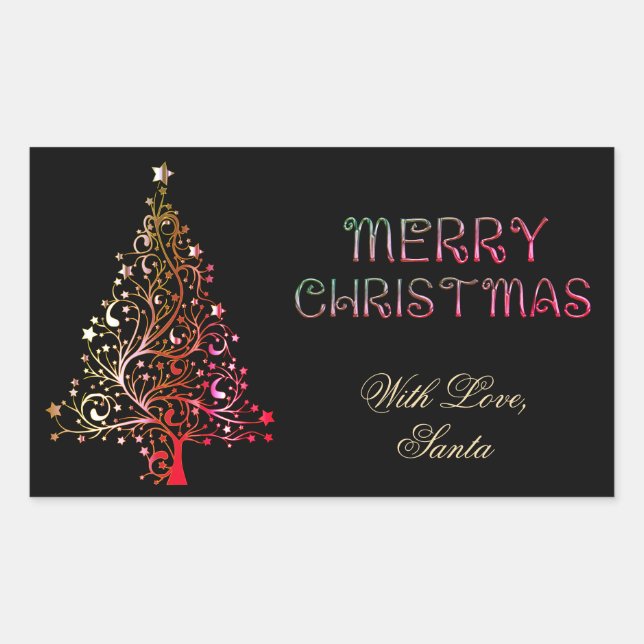 Merry Christmas Tree Stars Black Gold Red Rectangular Sticker (Front)