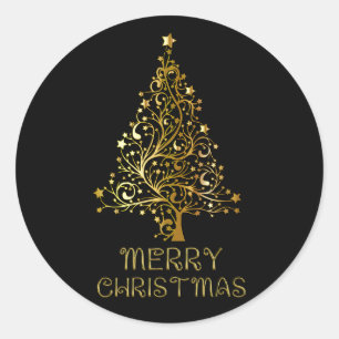 Merry Christmas Tree Stars Black Gold Shiny Chic Classic Round Sticker