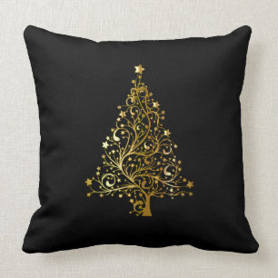 Merry Christmas Tree Stars Black Gold Shiny Chic Cushion