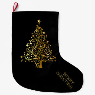 Merry Christmas Tree Stars Black Gold Shiny Chic Large Christmas Stocking