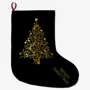 Merry Christmas Tree Stars Black Gold Shiny Chic Large Christmas Stocking