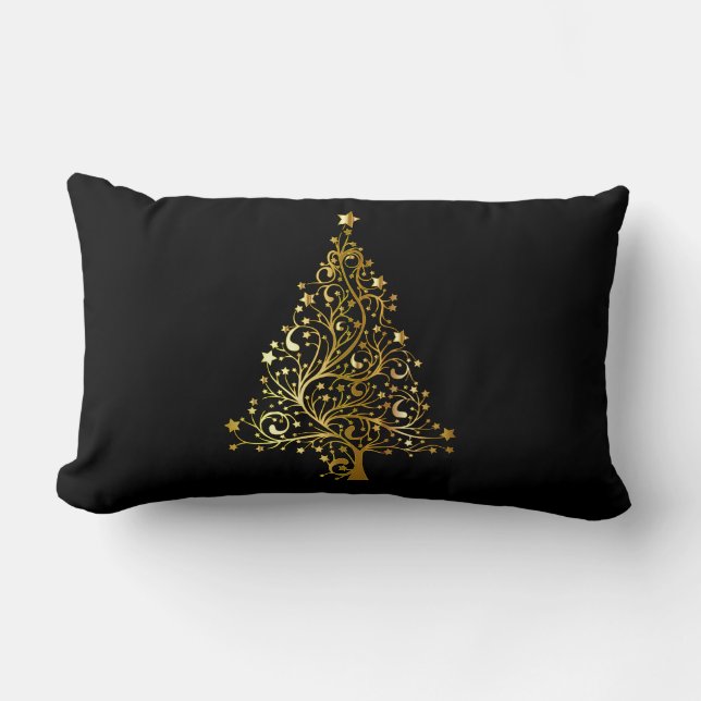 Merry Christmas Tree Stars Black Gold Shiny Chic Lumbar Cushion (Front)