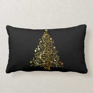 Merry Christmas Tree Stars Black Gold Shiny Chic Lumbar Cushion