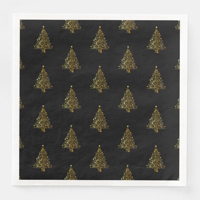 Merry Christmas Tree Stars Black Gold Shiny Chic Napkin (Front)