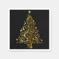 Merry Christmas Tree Stars Black Gold Shiny Chic