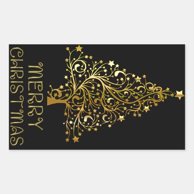 Merry Christmas Tree Stars Black Gold Shiny Chic Rectangular Sticker (Front)