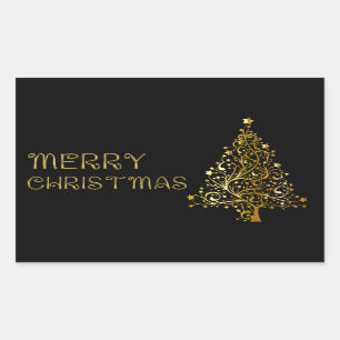 Merry Christmas Tree Stars Black Gold Shiny Chic Rectangular Sticker