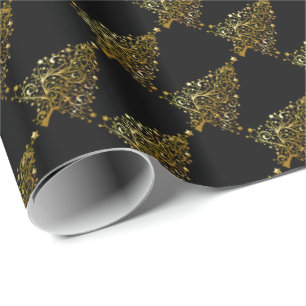 Merry Christmas Tree Stars Black Gold Shiny Chic Wrapping Paper