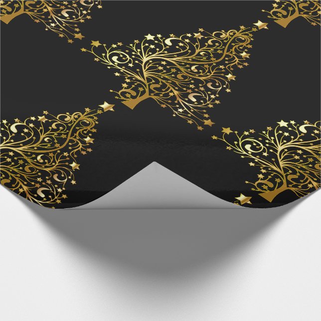Merry Christmas Tree Stars Black Gold Shiny Chic Wrapping Paper (Corner)