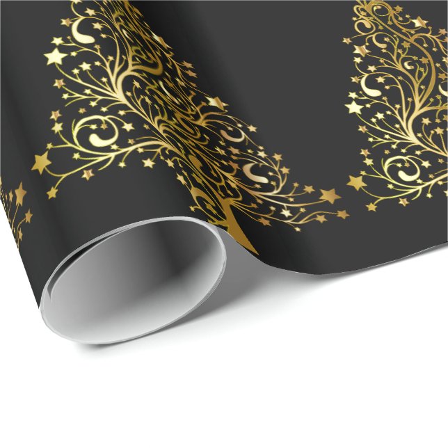 Merry Christmas Tree Stars Black Gold Shiny Chic Wrapping Paper (Roll Corner)