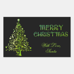 Merry Christmas Tree Stars Black Green Elegant Rectangular Sticker