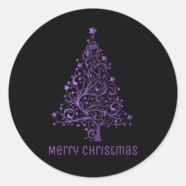 Merry Christmas Tree Stars Black Metallic Purple Classic Round Sticker (Front)