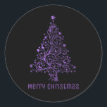 Merry Christmas Tree Stars Black Metallic Purple Classic Round Sticker<br><div class="desc">Merry Christmas Text Christmas Tree Stars Black Background Shiny Metallic Purple Chic Stickers</div>