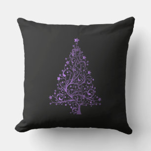 Merry Christmas Tree Stars Black Metallic Purple Cushion