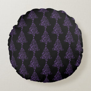 Merry Christmas Tree Stars Black Purple Pattern Round Cushion
