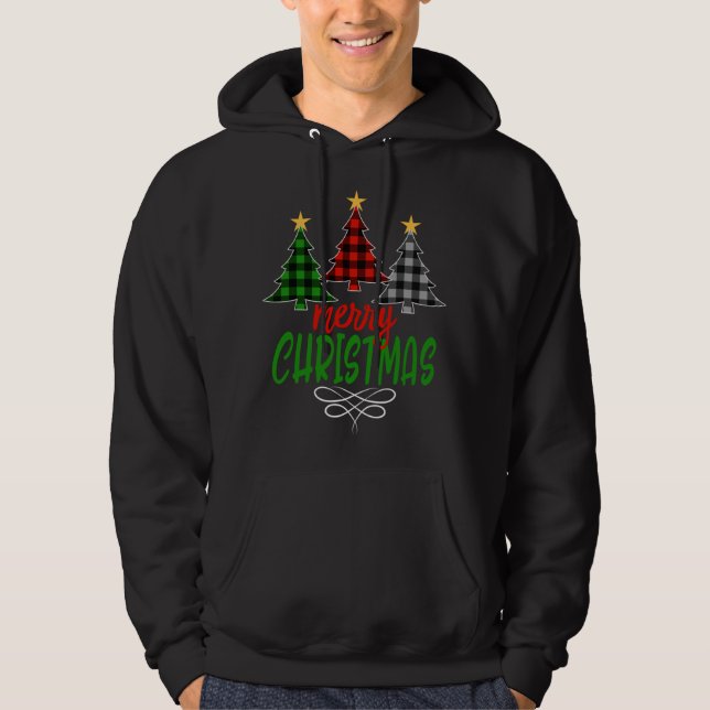 Merry Christmas Tree Three Buffalo Plaid Hoodie (Front)