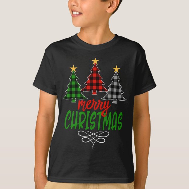 Merry Christmas Tree Three Buffalo Plaid T-Shirt (Front)