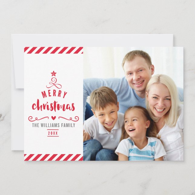 MERRY CHRISTMAS TREE typography family photo red Holiday Card (Front)