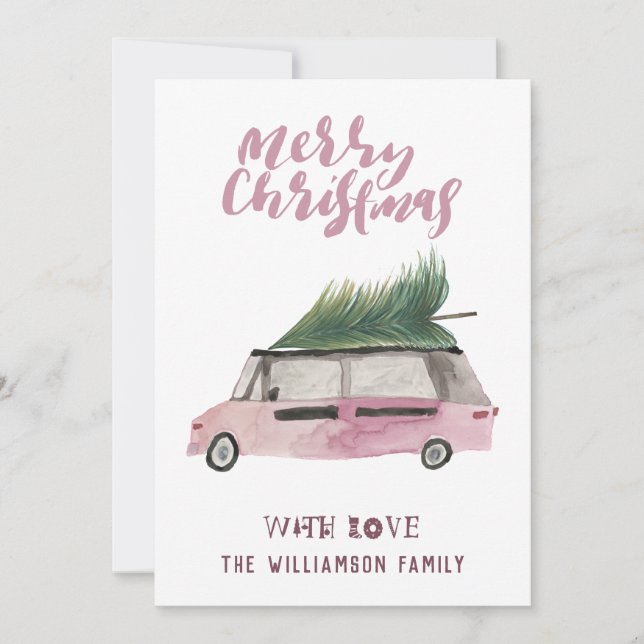 Merry Christmas Tree Van Watercolor Holiday Card (Front)
