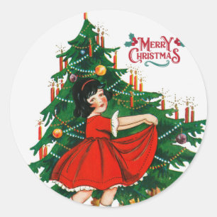 Merry christmas tree vintage art classic round sticker