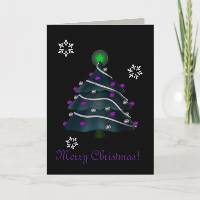 "Merry Christmas!" - Tree w/ Silver & Purple Decor Holiday Card (Front)