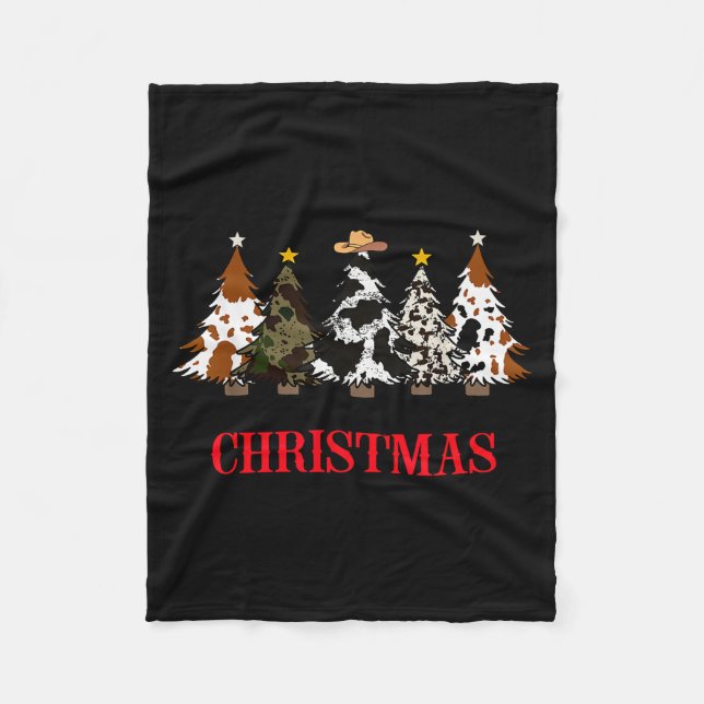 Merry Christmas Tree Western Cowhide Xmas Cowboy F Fleece Blanket (Front)
