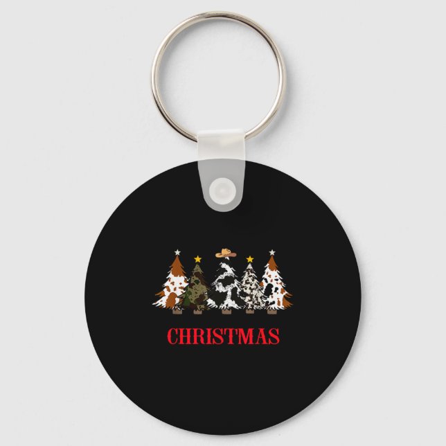 Merry Christmas Tree Western Cowhide Xmas Cowboy F Key Ring (Front)