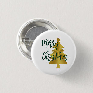 Merry Christmas Tree White Gold and Green Script 3 Cm Round Badge