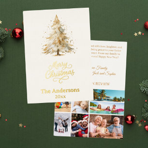 Merry Christmas tree white photo year in review Foil Holiday Card