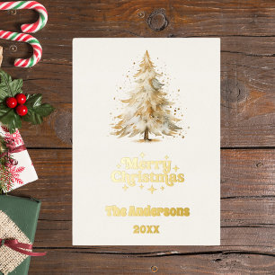 Merry Christmas tree white snow gold Foil Holiday Card
