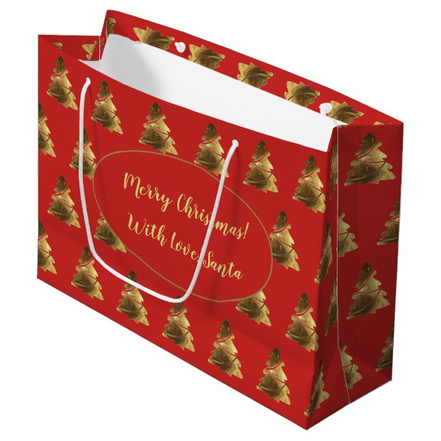 Merry Christmas Tree with Candles Elegant Gold Large Gift Bag (Front Angled)