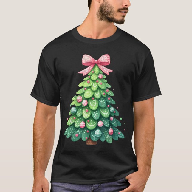 Merry Christmas Tree With Coquette Bow Xmas Holida T-Shirt (Front)