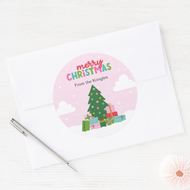 Merry Christmas Tree with Gifts in Pastel Pink Classic Round Sticker (Envelope)